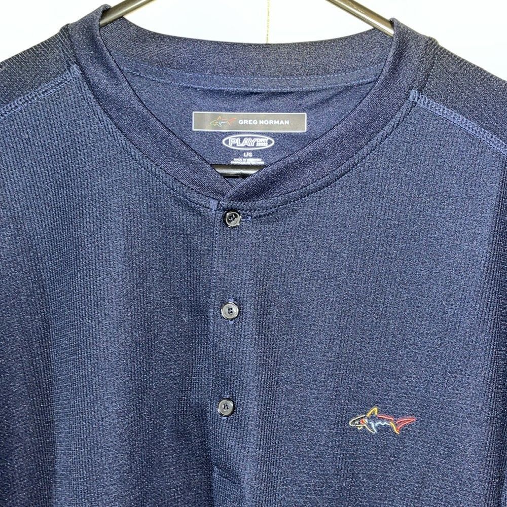 New Greg Norman Blade Navy Blue LS Shark Golf Polo Shirt Modern Fit Play Dry NWO